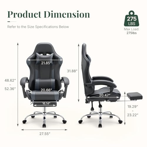 Image of Computer Gaming Chair with Footrest, Ergonomic High Back PU Leather Video Racing Chair with Adjustable Headrest & Linkage Armrest, for Office and Home, Adults, Grey