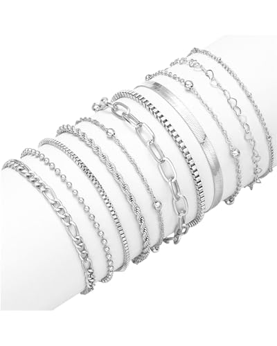 KGDUYC 10Pcs Bracciale Donna Acciaio Inossidabile Placcati Argento 14K Braccialetti a Catena Regolabili Torsione a Serpente Braccialetti Impilabili Set Bracciale Donna - Argento
