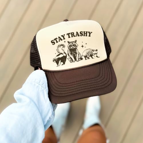 Image of Stay Trashy Funny Raccoon Graphic Classic 5 Panel Mesh Snap Back Trucker Hat