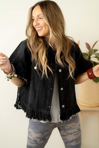 KevaMolly Womens Denim Jacket Short Sleeve Peacock Ruffled Denim Jacket Pocket Raw Hem Button Casual Daily Coat3