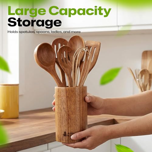 AIUHI Wood Utensil Holder for Kitchen Counter, Wooden Utensil Crock, Kitchen Utensil Organizer, 5.9"x 3.5" Large Spatula and Spoon Holders - Image 4
