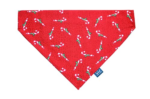 Christmas Over the Collar Dog Bandana, Handmade Winter Slip-On Pet Bandana, Festive X-mas Dog & Cat Accessory (Candy Canes on Red, X-Small)