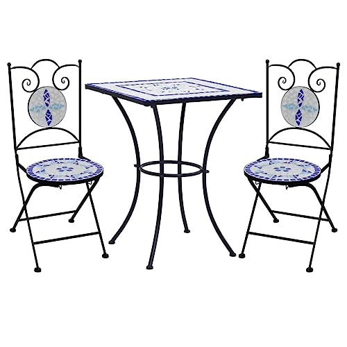 vidaXL Mosaik Bistroset 3-TLG. Sitzgruppe Balkonset Sitzgarnitur Balkonmöbel Gartenmöbel Mosaiktisch 2 Mosaikstühle Keramik Blau Weiß