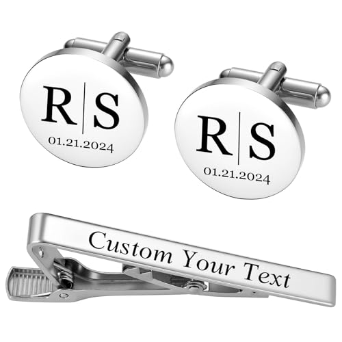 MeMeDIY Conjunto de Gemelos y Alfiler de Corbata Personalizados con Caja de Nogal Grabada con Fecha/Nombre Gemelos de Boda para Camisa para Hombres/Papá/Novio A1