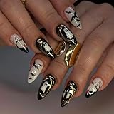 24pcs Halloween Press on Nails Medium Almond Fake Nails with Bat Pumpkin Designs Ghost False Nail Kit Black French Acrylic Nails Full Cover Stick on Nails for Women Nail Decoration