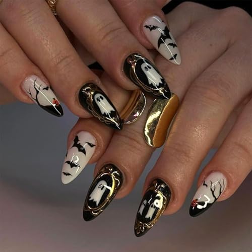 24pcs Halloween Press on Nails Medium Almond Fake Nails with Bat Pumpkin Designs Ghost False Nail Kit Black French Acrylic Nails Full Cover Stick on Nails for Women Nail Decoration
