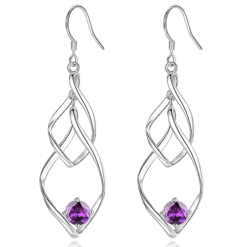 Image of Sterling Silver Drop Earrings for Women - Silver Dangle Earrings Purple Cubic Zirconia Long Linear Forever Love Hypoallergenic Earring for Sensitive Ears Anniversary Birthday Christmas Jewellery Gift