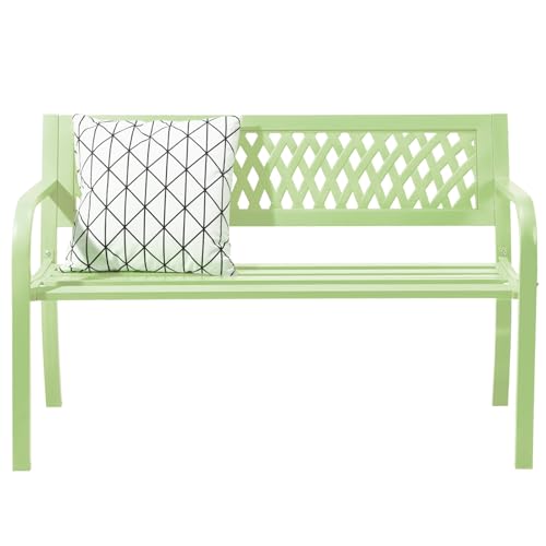 Image of VINGLI 47'' Outdoor Bench, Weather Resistant Garden Patio Bench Powder Coated Iron Frame w /PVC Mesh Backrest Slatted Seat, 2-Person Outdoor Furniture for Front Porch Entryway Park (Green)
