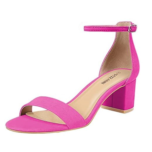 PIZZ ANNU Women's Low Block Chunky Heels Sandals Comfortable Open Toe Ankle Strap Party Dress Pump Shoes Strappy Buckle Heeled Sandal with 2 Inches Tall Thick Heel Design, Hot Pink 7