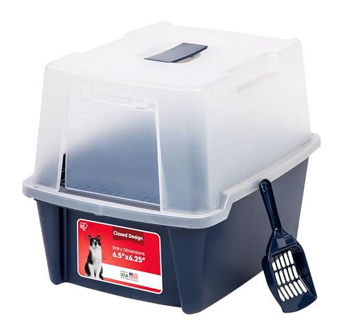 IRIS USA Cat Litter Box, Litter Box Enclosure with Scoop and Front Door Flap, Covered Kitty Litter Box for Privacy, Portable, Easy to Clean, Navy