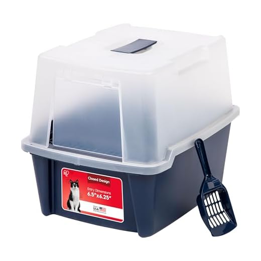 IRIS USA Large Hooded Cat Litter Box with Front Door Flap and Scoop, Enclosed Kitty Litter Tray with Entry Grate for Privacy and Keeping Litter Inside, Navy