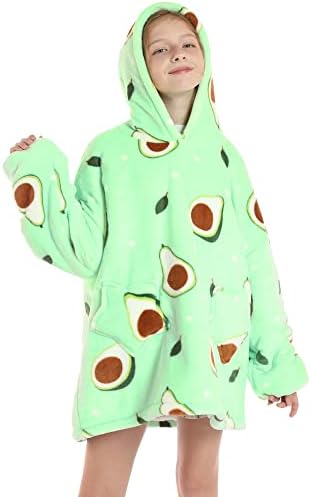 Hoodie Sweatshirt Blanket for Boys and Girls One Size Animal Design Hooded Dressing Gown Super Soft Flannel Warm TV Game Blankets Gift for Toddler Green Avocado