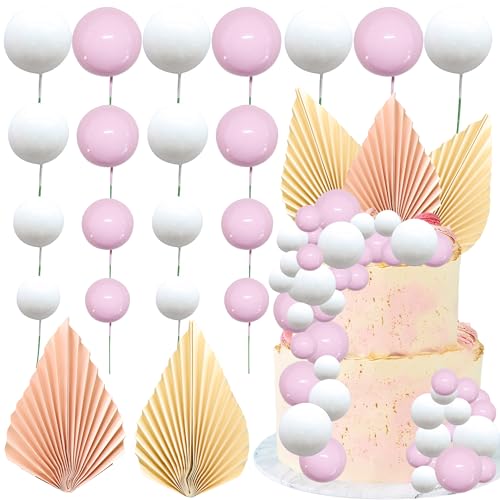 Ephlyn 28 peças de decoração de bolos de palmeira de papel, bolas para decoração de bolos para baby shower, casamento, despedida de solteira, festa de aniversário, decoração de bolos, rosa e branco