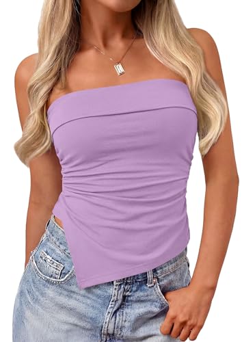 PRETTYGARDEN Going Out Tube Tops for Women Trendy Summer 2026 Asymmetrical Ruched Strapless Bandeau Shirts Spring Clothes (Purple Small)