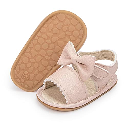 Sonsage Infant Baby Girls Summer Sandals Newborn Bowknot Crib Sandal Outdoor Beach Toddler Pu Leather Soft Rubber Sole Dress Flats First Walker Shoes 3-6 Months