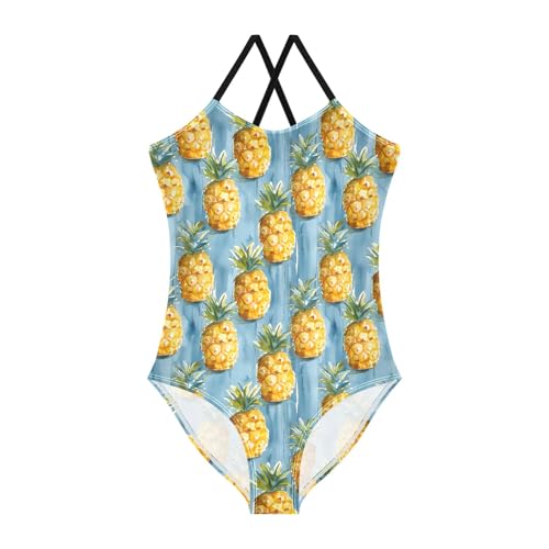 senya Girls Swimsuits One-Piece Swimwear Tie Bathing Suit Beach Summer Round Neck 5-6T Watercolor Pineapples on Blue Pattern