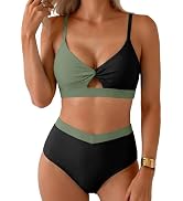 Herseas Women's Bikini Sets Twist Color Block Swimsuits 2 Piece High Waisted Bathing Suit Swim Su...
