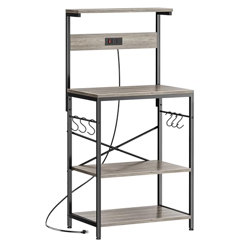 Image of SUPERJARE Kitchen Bakers Rack with Power Outlet, Coffee Bar Table 4 Tiers, Kitchen Microwave Stand with 6 S-shaped Hooks, Kitchen Storage Shelf Rack for Spices, Pots and Pans - Greige