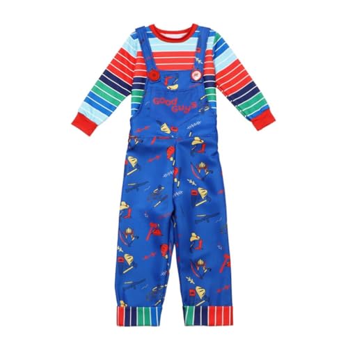 Lito Angels Costume Horror per Bambino, Bambola Posseduto con Maglietta a Righe e Salopette, Travestimento Spaventoso Halloween Età 5-6 Anni 116