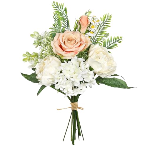 Fake Flowers Artificial Flowers Bouquet Champagne White Silk Flowers Bouquet Faux Flower Wedding Bouquets for Bride, Artificial Flowers for Decor Indoor Table Centerpieces Dresser  image 2