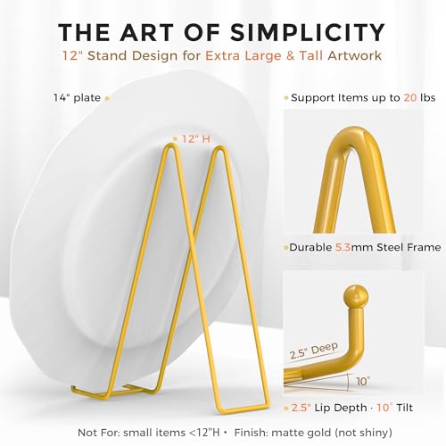 Image of TR-LIFE 12 Inch Large Plate Stands /holder for Display - Metal Picture Frame Holder Stand + Small Easels for Platter, Book, Plaques, Photo, Tabletop Art (Gold 2 Pack)