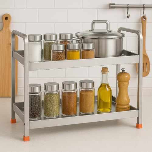 Image of Stainless Steel Kitchen Storage Rack for Pantry, Spice Rack, Jars & Utensils, Heavy Duty Organizer for Kitchen and Bathroom (2TIER Plane Surface Large)(Size 47 * 29 * 21)