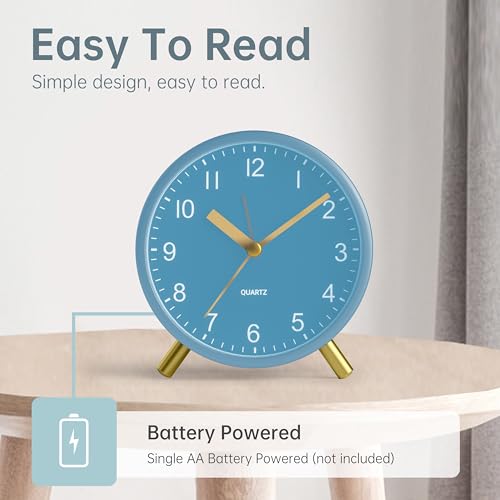 Image of JALL Analog Alarm Clock, 4 inch Super Silent Non Ticking Small Clock with Night Light, Battery Operated, Simple Design, Easy Setting for Office, Bedroom, Bedside, Desk, Teens, Elders, Adult, SkyBlue