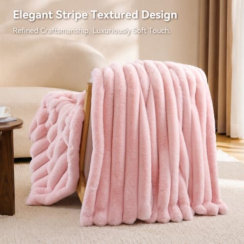 Blush Pink Fluffy Faux Rabbit Fur Striped Blanket 60 by 80 870GSM - Image 3