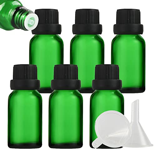 ZEOABSY 6 Piezas 15ml Botella de Cristal Verde con Tapón Cuentagotas Negro con Obturador, Frasco de Vidrio con Tapón a Rosca a Prueba de Manipulaciones para Cosmético, Aromaterapia, Viajes Cover