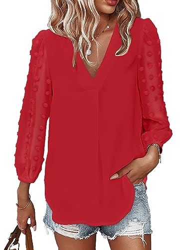 Samefar Women's Long Sleeve V Neck Tops Swiss Dot Chiffon Casual Blouse Shirts