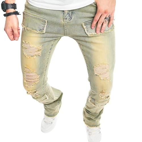 Men's Stacked Jeans Skinny Fit Stretch Jeans Patched Side Striped Straight Leg Denim Male Pants3