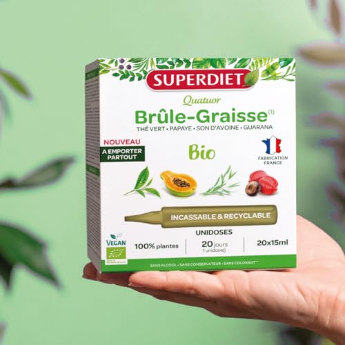 SUPERDIET - QUATUOR BRÛLE-GRAISSE BIO - Minceur -Thé vert, Papaye, Son d'avoine, Guarana - Format nomade-20 Unidoses de 15 ml – Image 8