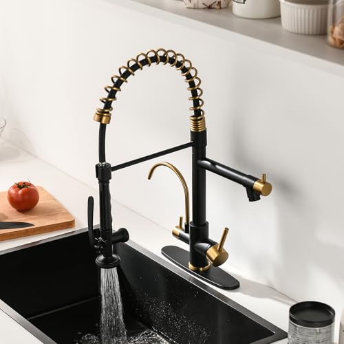 Image of Fapully Commercial Kitchen Faucet with Pull Down Sprayer and Water Filter | Matte Black&Brushed Gold, 3 in 1 Kitchen Faucets with Drinking Water Faucet for Kitchen Sink