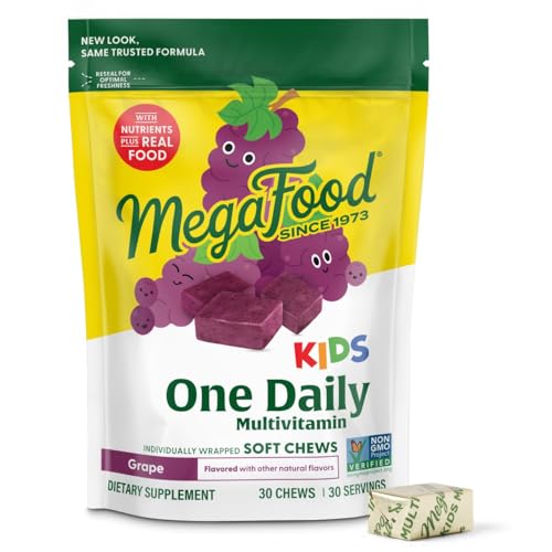 MegaFood Kids One Daily Multivitamin Soft Chews - Kids Vitamins with Vitamin B Vitamin C Vitamin D & Vitamin E - Age 4+ Vegetarian Made Without 9 Food Allergens - Grape Flavor - 30 Chews