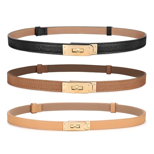 IAKING 3 Pack Women's Skinny Leather Belt Adjustable Thin Belt with Silver Gold Buckle Turn Lock Buckle for Dresses Jeans