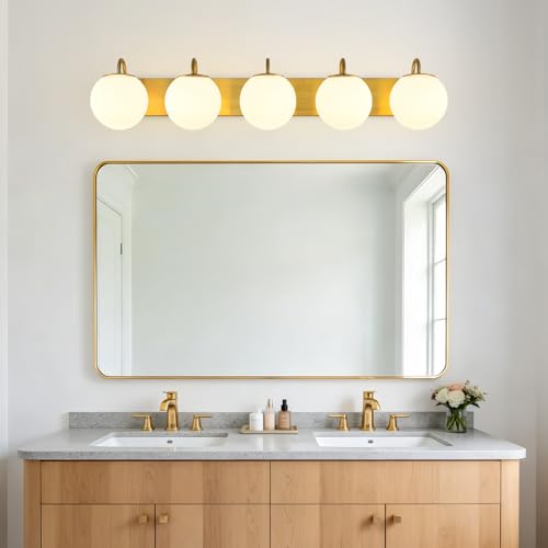 Image of Vintage Brushed Gold Bathroom Vanity Light Fixtures Over Mirror 5 Lights