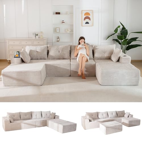 Image of MAXYOYO Boneless Couch, 132 inch U-Shaped Modular Sofa, Right-Facing Chaise | Grayish Beige Giant Sofa in a Box Oversized Deep Seating, Modular Comfort and No Assembly, Ideal for Spacious Living Rooms.
