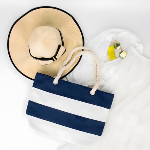 Bolso Tote de lona a rayas con bolsillo interior y asas de cuerda miniatura 7