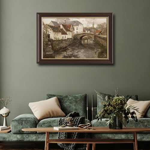 Image of Vintage Framed Canal Town Landscape Canvas Wall Art, Antique European Village Bridge Painting, Rustic Neutral Tone Wall Decor for Living Room Bedroom Home Aesthetic