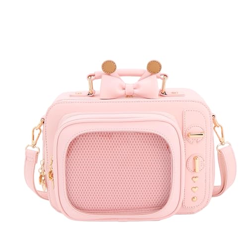 Image of Women TV Shape Ita Bag Pink Television Shoulder Bag Design Ita Backpack Unique female Clear Window Anime Pins Display Crossbody Bag（pure pink）