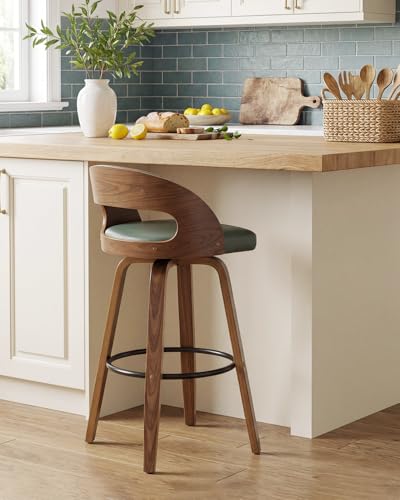 Image of AQG Swivel Bar stools Set of 1 Bar Chairs 30 inch Counter Height Mid-Century Modern Bentwood Barstool PU Leather Upholstered Bar Chair with Back and Footrest, for Bar, Cafe, Dining, Kitchen Island, Green