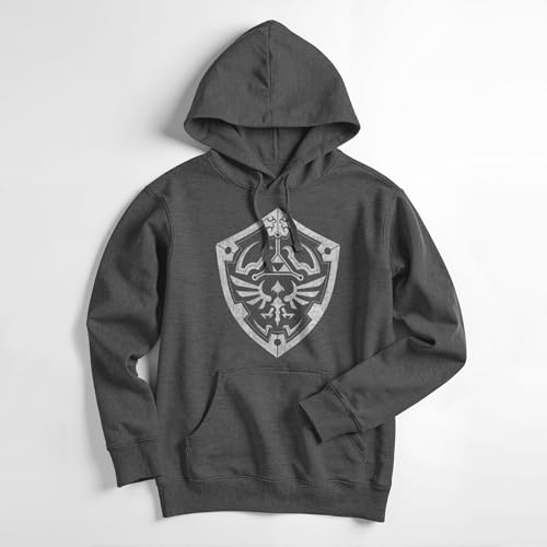 Mens Nintendo Link Shield Pull Over Hoodie - Charcoal Heather - Small