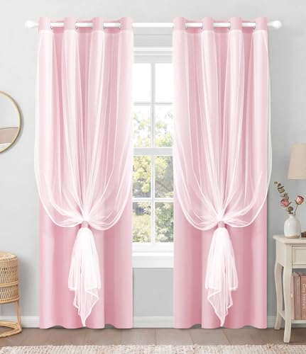 TopNaps 100% Blackout Curtains with Sheer Overlay 2 Panels Thermal Insulated Double Layer Grommet Drapes for Girls Bedroom Living Room Darkening Apartment Windows Decor 52 W x 84 L Pink
