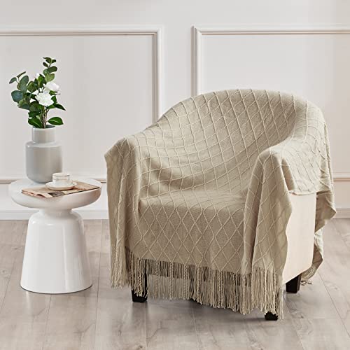 Touchat Knitted Beige Throw Blankets for Couch, Sofa and Bed, Lightweight Soft Knit Blanket with Tassel, Decorative Cozy Farmhouse Throw Blankets for Women and Man (Beige, 50''x60'')