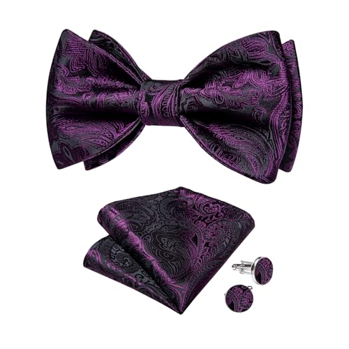 Image of DiBanGu Silk Bow Ties for Men Striped Solid Paisley Self Bowtie and Pocket Square Cufflinks Formal Tuxedo Bowtie Set Wedding, Purple Paisley