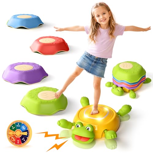 cossy Piedras de Equilibrio para Niños, Antideslizantes 4+1 Piedras Apilables LED con Forma de Rana, Juego de Equilibrio para Niños de 3 a 5 años en Interiores y Exteriores, Multicolor