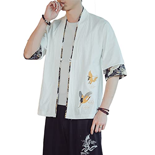 Image of PRIJOUHE Men's Kimono Jackets Cardigan Lightweight Casual Cotton Blends Linen Seven Sleeves Open Front Coat Outwear