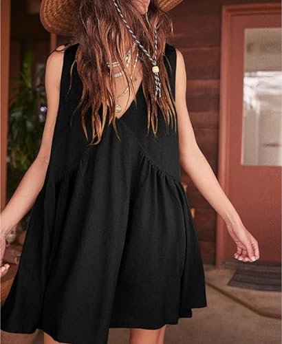 OPCAKM Women's V Neck Sleeveless Mini Dress Loose Summer Pleated Swing Flowy Sundress2