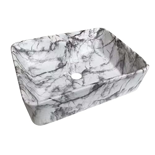 Image of Designer Table Top Vessel Sink Glossy Finish White Grey Wash Basin for Bathroom (19 x 15 x 5.5 Inch)
