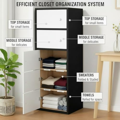 Image of EXVITO Engineered Wood Wardrobe for Bedroom | Foldable 5-Shelf Wooden Storage Cabinet | Cupboard Almirah for Clothes | Collapsible Wardrobe | Space Saving Wooden Cabinet - Black